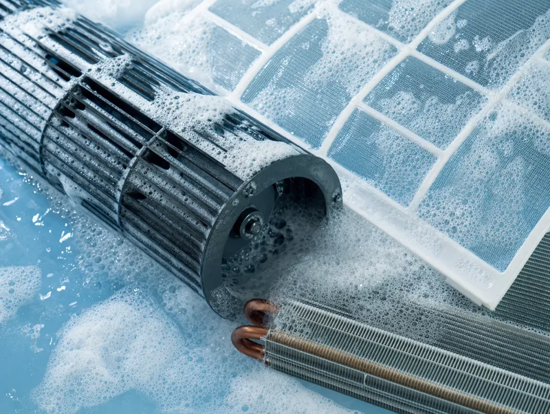 Aircon fan-coil parts soaking in a foaming chemical bath